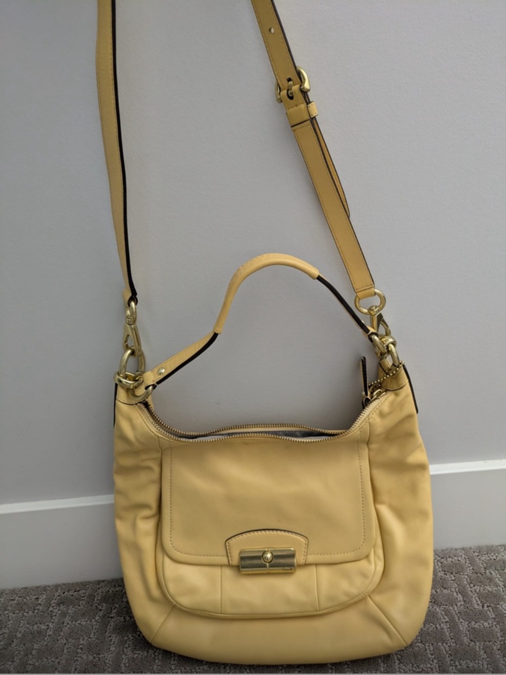 Coach Leather Shoulder Bag in Soft Yellow with Gold Hardware